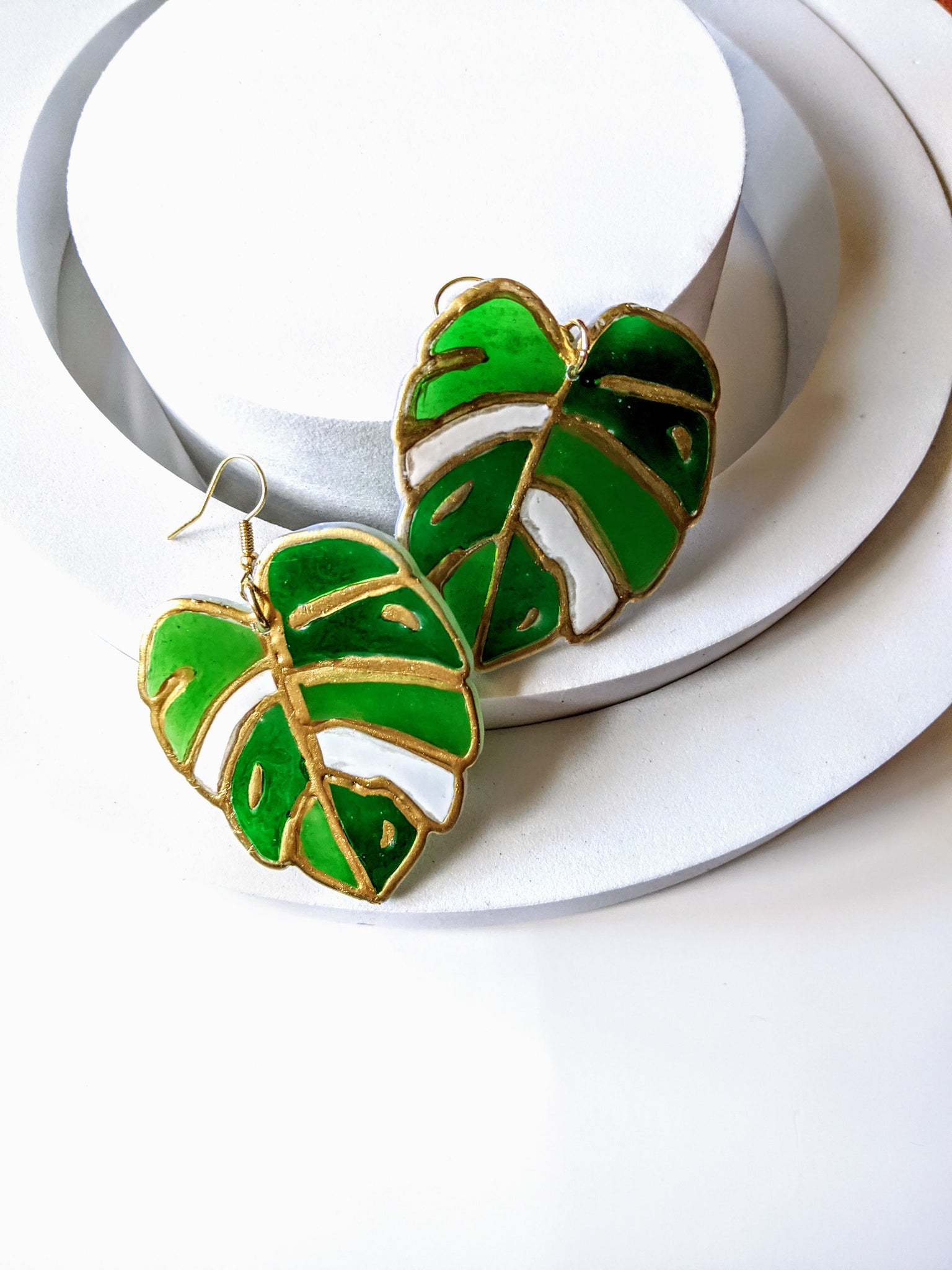stained glass monstera leaf Monstera Leaf Stained Glass Polymer Earrings – ForgottenProperty